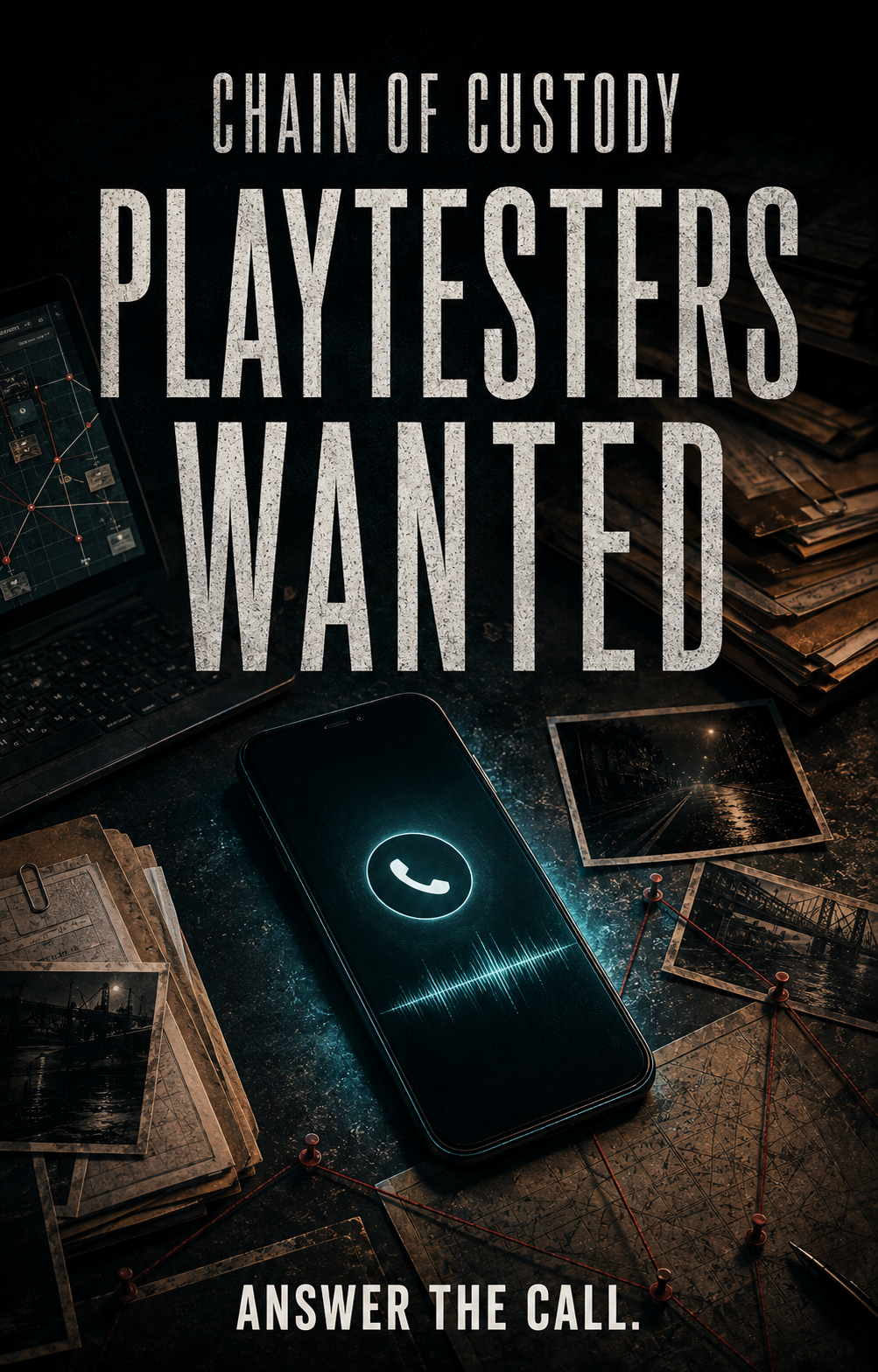 Private playtesters wanted for Chain of Custody, an investigation game that calls your real phone